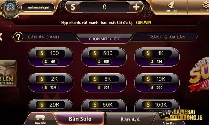 Bài tây sunwin Tiến Lên Sunwin