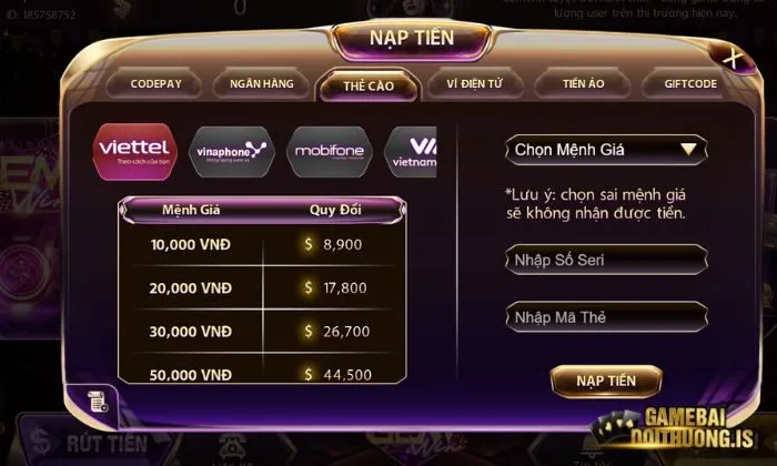 Đa dạng phương thức nạp tiền tại Gemwin