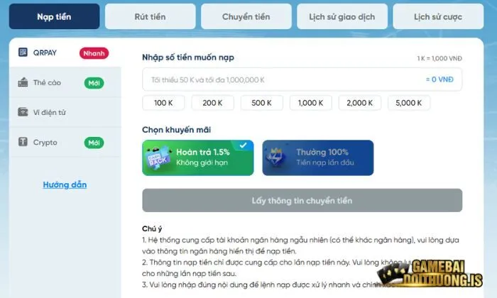 Quy cách nạp tiền tại 8live